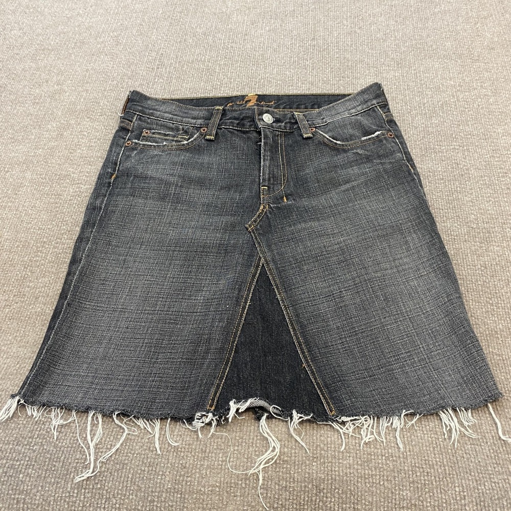 7 For All Mankind Denim Skirt Womens 30 Black Raw Hem Short Front Slit A-Line